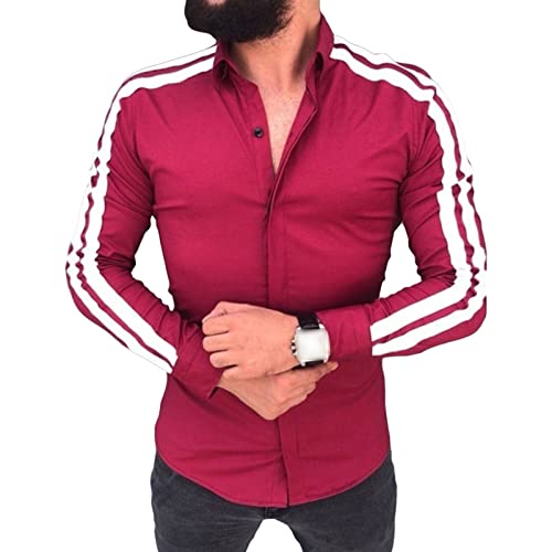 Men's Long Sleeve Striped Dress Shirts Patchwork Casual Button Down Shirts Slim Fit Turn-Down Collar Shirt Top (Red,X-Large)