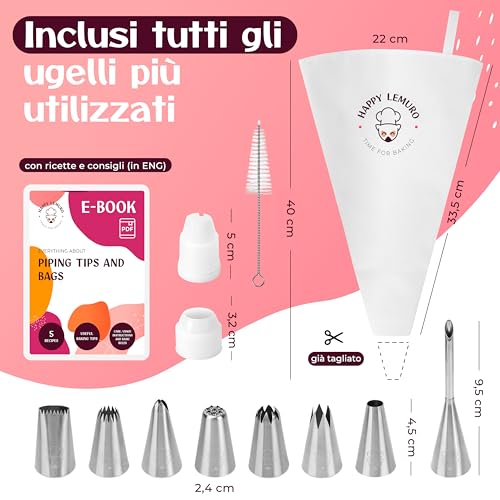 Happy Lemuro Sac à Poche Professionale (40 Cm) – Set Con 8 Beccucci Decorativi In Acciaio Inox – Sac A Poche Riutilizzabile In Cotone, Lavabile In Lavastoviglie | Beccucci Grandi - 3