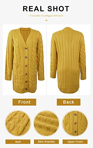 Prettygarden Women's Long Sleeve Cable Knit Button Down Midi Cardigan Sweater Open Front Chunky Knitwear Coat With Pockets (Yellow, Medium) #TOP4