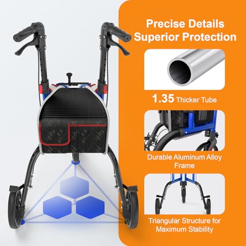 Image of 3 Wheel Walkers for Seniors, Foldable Narrow Wheeled Rollator, Blue