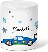 Mikalino Kinder Spardose Rennauto mit Wunschname Geschenke Geschenkideen Sparschwein - handbedruc...