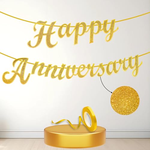 Image of Flyloons Happy Anniversary Banner Gold Decorations Kit for Men Women Wedding Anniversary Banner Items without Balloons