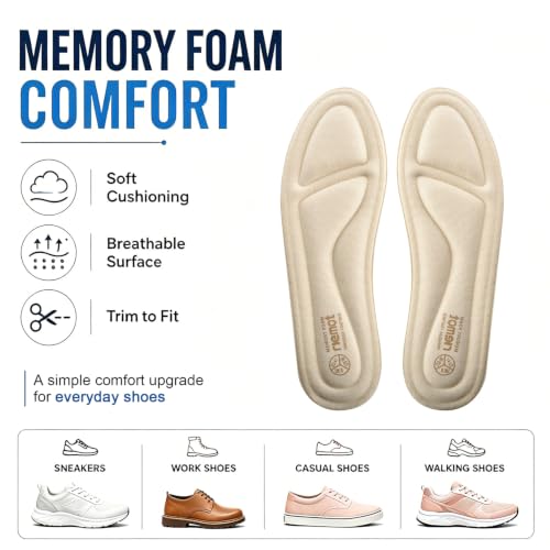 Image of riemot Memory Foam Insoles for Women & Men, Super Soft Replacement Innersoles for Sneakers Walking Shoes, Comfort Cushioning Shoe Inserts Beige-8mm EU 38