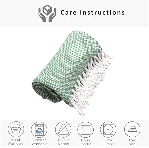 Image of Chevron 78x60 Inch Reversible Cotton Throw Blanket with Tassels| Blanket for Living Room, Sofa, Bed, Chair, Picnic & Used for Gift | Green Narrow Chevron, Size - 200x150 Cm