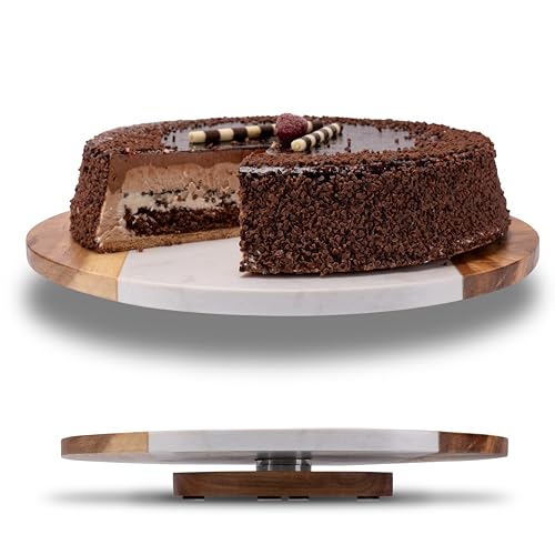 Fino Casa Plateau en Marbre Rotatif Avec Bois d'Acacia - Rond - Gâteau, Fromage, Organiseur de Cuisine - Pied et Service Tournant