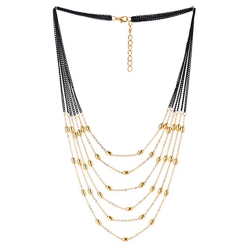 COOLSTEELANDBEYOND Black Gold Statement Necklace Waterfall Multi-Strand Long Chain with Beads Charms Pendant, Dress