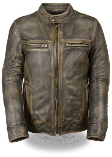 MEN'S MOTORCYCLE DISTRESSED BROWN SPORTY SCOOTER LEATHER JACKET W/2 GUN POCKETS (4XL Regular)