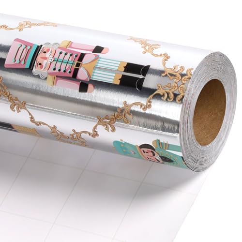 LaRibbons Christmas Foil Wrapping Paper - Mini Roll Nutcracker Gift Wrap for Christmas Holiday Xmas Party Celebration 17 Inch x 33 Feet
