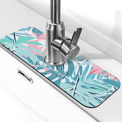 Water Absorbing Sink Pad for Kitchen and Bathroom, Colorful Tropical Leafy Plants Splash Guard Mat Non-Slip Washable Sink Mat for Bathroom 15"X5.5"