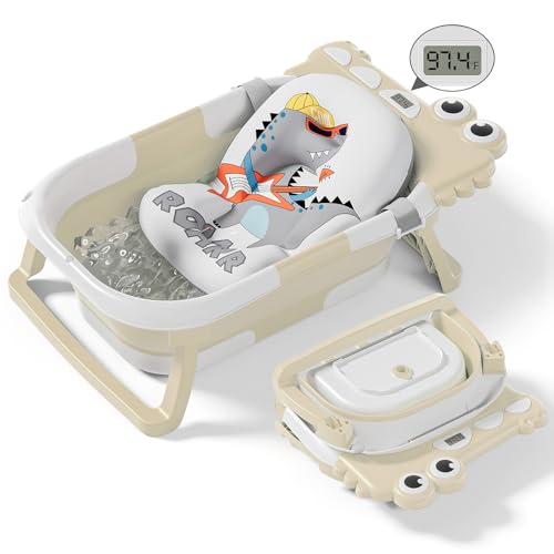 Image of Collapsible Baby Bathtub for Newborn, Foldable Baby Bath Tub with Thermometer & Soft Floating Cushion & Drain Hole, Portable Travel Infant Bath Tubs for Newborns to Toddlers 0-36 Months Boys, Beige