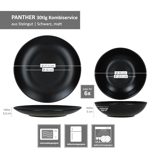 MamboCat Panther 30tlg Kombiservice I matt schwarzes Steingut-Geschirrset für 6 Personen I Je 6X Kaffeetassen 160ml, Untertassen, Kuchenteller, Suppenteller 420ml & Speiseteller