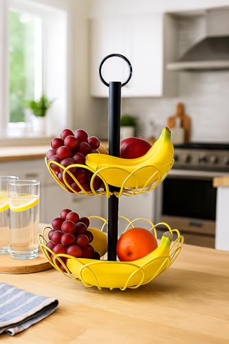 Image of 2 Tier Fruit Basket for Dining Table | Metal Wire Storage Basket Stand for Fruits, Vegetables, Snacks & Bread | Multipurpose Kitchen Countertop Organizer with Handle | Gold & Black