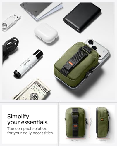 Image of Spigen Tin Tap Zip (MagFit) Magnetic Organizer Pouch up to 7 Cards, Magsafe with Front Pocket and Built in Hand Strap Compatible with iPhone 17 /16 /15 /14 /13 /12 Models, Pixel 10 Series - Olive Green