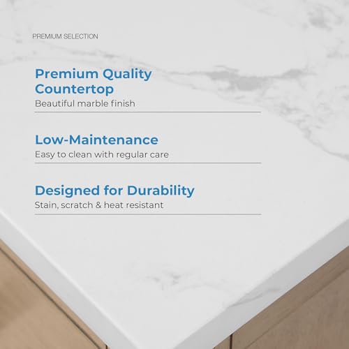 Image of OVE Decors Athea 48 in. Single Sink Freestanding Sahara Birch Bathroom Vanity with White Engineered Marble Top, Matching Backsplash, Power Bar and Brushed Gold Hardware