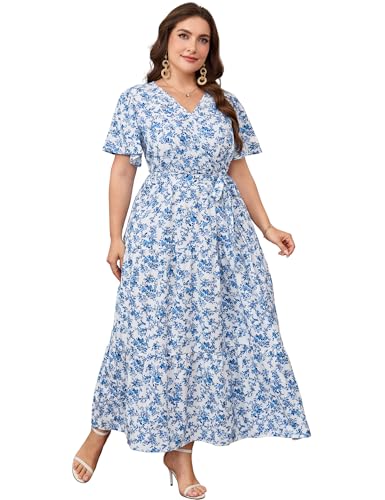 Image of ShopWonder Womens Plus Size V Neck Wrap Maxi Dress High Waist Ruffle Summer Casual Dress with Belt