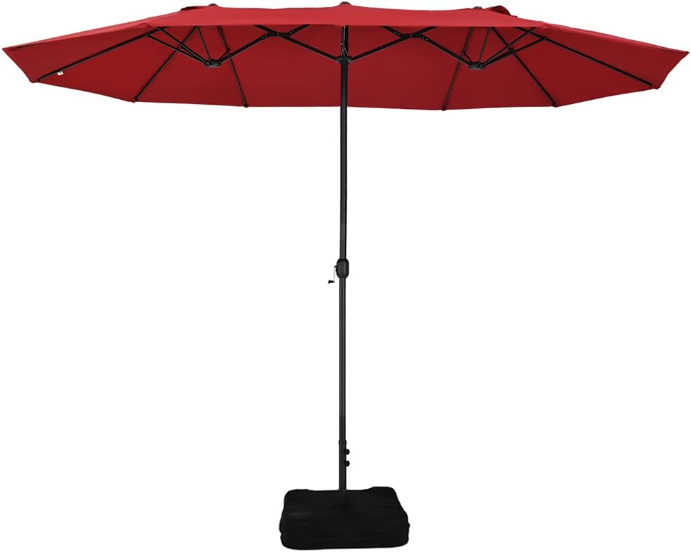Patio Watcher 15 Ft Patio Double Sided Umbrella with Base, Extra Large Twin Outdoor Market Patio Table Umbrella with Crank and Base, Red