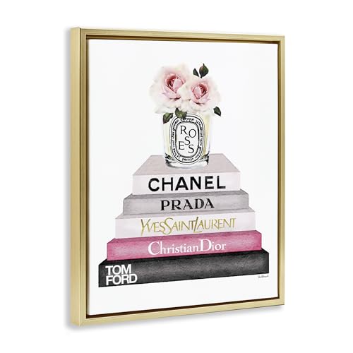Image of Book Stack Fashion Candle Rose, 16 x 20 Inch Canvas in Floater Frame | Stupell Industries . By Amanda Greenwood . Ready to hang once unboxed . Giftable accent for any room . Made in USA