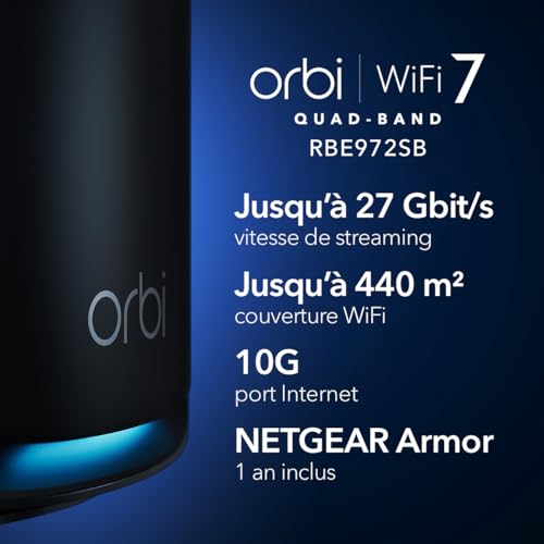 NETGEAR Orbi Serie 970 | Mesh WiFi 7 System | RBE972SB | Mesh WiFi 7 Router und 1 Satellit | Bis zu 27 Gbit/s | Abdeckung 440 m²| 200 Geräte | 10-GB-Ethernet-Ports | Quad-Band BE27000 | 2 Pack Schwarz
