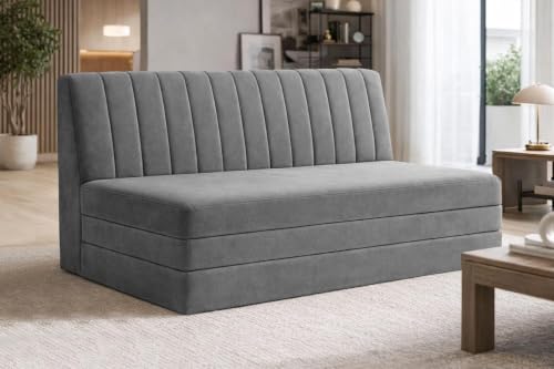 Image of Three-Seater Convertible Floor Sofa Bed with Modern Velvet Fabric Folding Couch for Living Room, Guest Room & Small Spaces - Grey Color
