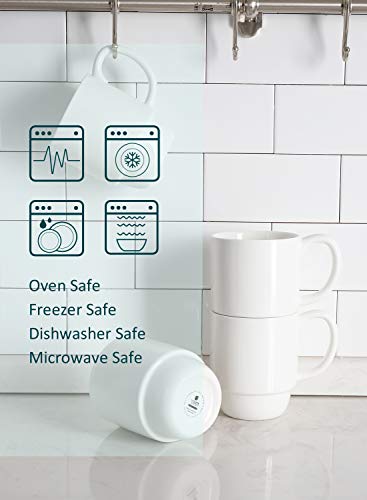Porcelain Stackable Coffee Mugs Set Of 4-16 Ounce Cups With Handle For Hot Or Cold Drinks Like Cocoa, Milk, Tea Or Water - Smooth Ceramic With Modern Design, White #TOP2