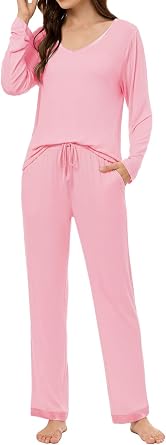 LUBOT 2026 Bamboo Viscose Pajamas Women Sets Pjs Soft Breathable 2 Piece V Neck Short Sleeve Pants Sleepwear Loungewear