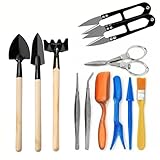 Kit Strumenti Giardinaggio Mini 12 Pezzi per Bonsai, Piante Grasse, Pianta in Vaso, Include Attrezzi Forbici, Rastrellino, Pale, Pinzette Cura Del Giardino