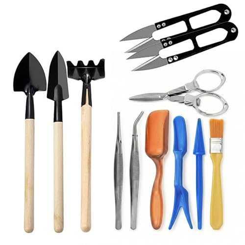 Kit Strumenti Giardinaggio Mini 12 Pezzi per Bonsai, Piante Grasse, Pianta in Vaso, Include Attrezzi Forbici, Rastrellino, Pale, Pinzette Cura Del Giardino