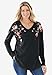 Woman Within Plus Size Waffle Thermal V-Neck Tee - 26/28, Black Flower Embroidery