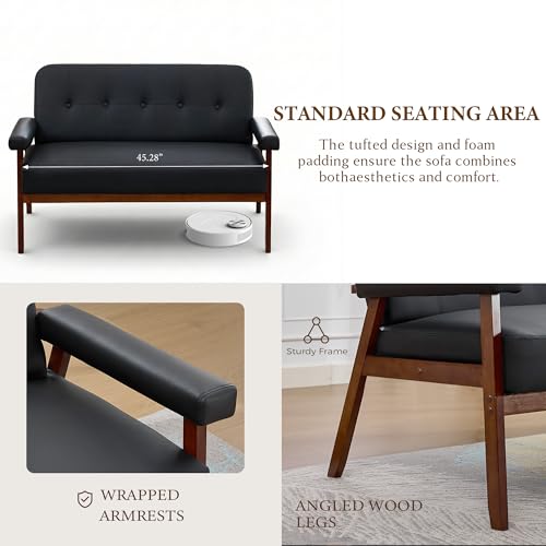 Image of STHOUYN 50 inchW Black Faux Leather Small Office Couch Loveseat Sofa with Wood Arms, Mid Century Modern Love Seat Sofas Lounge Armchair Living Room Bedroom (Black (loveseat))