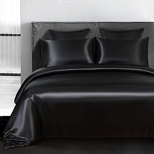 Omela Satin Bettwäsche Set 155x220 Schwarz Einfarbig Unifarben Glatt Bettbezug mit Reißverschluss 2 Teilig 100% Glanzsatin Polyester Sommerbettwäsche und Kissenbezug 80x80 cm