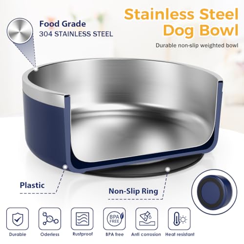 Image of Dog Bowl for Food and Water, 40 Oz Stainless Steel Pet Feeding Bowl, Durable Non-Skid Double Wall Insulated Heavy Duty with Rubber Bottom for Medium Large Sized Dogs Cats (40 Ounces /5 Cup, Blue)