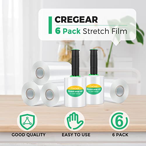 Cregear Stretch Wrap Film 6 Pack, Mini Clear Shrink Wrap (5"X1000Ft X80 Gauge) With 2 Reusable Handles, Industrial Stretch Plastic Wrap For Moving Wrapping Plastic Roll & Pallet Wrap,Total 6000 Ft #TOP6