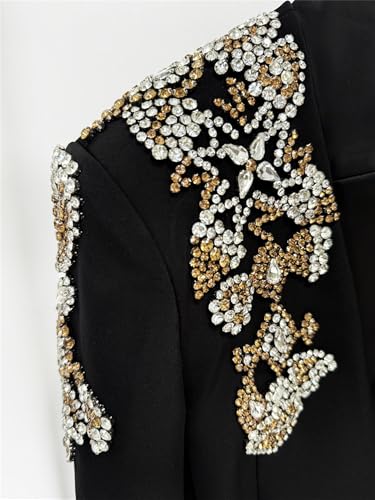 Women's 2025 Designer Suit Women Beaded Diamonds Stand Collar Single Button Blazer Wide-Leg Pants Set 2PCS4