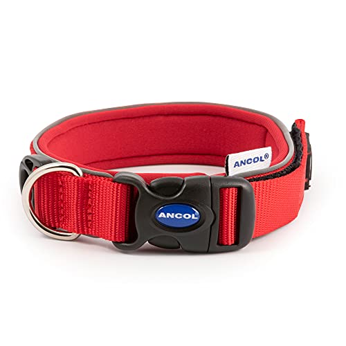 Image of Ancol Extreme Ultra Padded Weatherproof Dog Collar - Red Heavy Duty Reflective Training Collar for Dogs and Puppies - Adjustable Comfort Fit for Neck Size 26-36cm - Size 2
