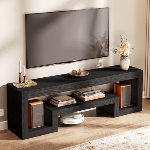For 55/60/65/75-inch Tvs, Farmhouse Entertainment Center With Open Storage Shelves, Television Stands Tv Console For Living Room, Bedroom, Black