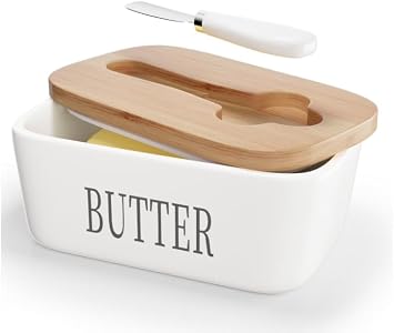 Butter Dish with Lid for Countertop,Stainless Steel Butter Knife and Silicone Sealing Butter Dishes,Ceramic Butter Dishes with Covers,White