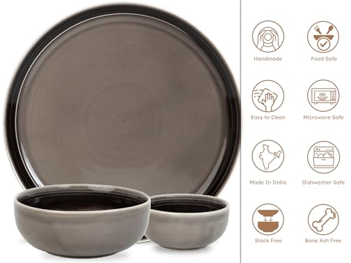 Image of Bodhi House Handcrafted Chip Resistant Porcelain Dinner Set, 20 Pieces Dish Set Serving for 6, Microwave and Dishwasher Safe, Bone-ash Free, Crockery Set for Dining and Gifting, Smoke Grey