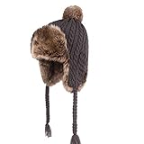 Markcur Wintermütze mit Haarball Wollhut der Frauen Winddichte Ohrenschützer Fliegermütze mit Ohrenklappen für Skifahren Schlittschuhlaufen und Outdoor Aktivitäten Grau