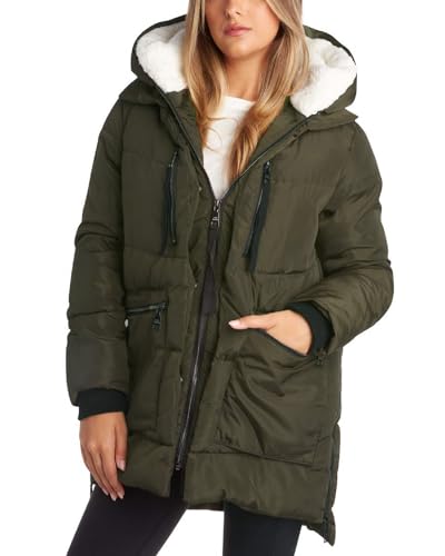 Image of Steve Madden Womens Winter Coats - Midlength Parka Jackets for Women Insulated Quilted Puffer Jacket Womens Faux Sherpa Hood, Size Medium, Olive