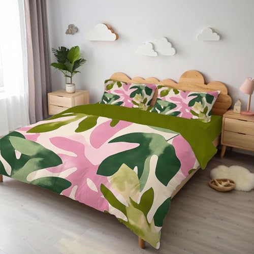 Housse de couette vert olive clair motif monstera adulte linge de lit microfibre 200x200