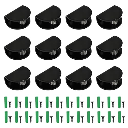 12 Pièces Pince de Support de Verre, Support Étagère Verre en Acier Inoxydable 201 Noir Fixation Réglable avec Vis et Tube d'Expansion (Noir, Demi-Cercle,...
