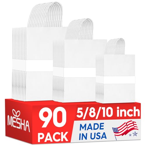 MESHA White Paper Gift Bags with Handles, 90 Pack, 3 Sizes (5/8/10 Inch)