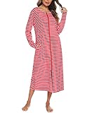 Vslarh Women Long Sleeve Zip Front Nightgowns Full Length Cotton Robes Loose Housecoat Loungewear with Pockets (L-Red,X-Large)