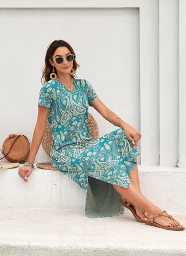 Image of MISFAY Womens Maxi Dress Short Sleeve V Neck Loose with Pockets | Soft stretchy breathable, v neck loose fit, side split hem, two side pockets, casual daily beach vacation travel dress