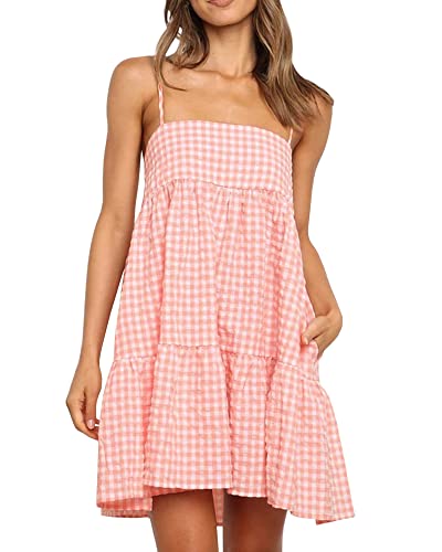 Image of Womens Summer Plaid A-line Sleeveless Casual Flowy Mini Sundress