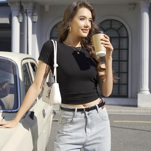 TVKSOM 3 Pack Basic Shirts for Women Short Sleeve Crew Neck Stretchy Fitted Tees Y2k Going Out Tops 20252