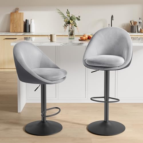VASAGLE Tabouret de Bar, Lot de 2, Chaise de Cuisine, Réglable en Hauteur, Pivotant à 360°, avec Dossier, Socle, Repose-Pieds, Acier, pour Comptoir, Bar, Salle à Manger, Gris Tourterelle LJB110G01