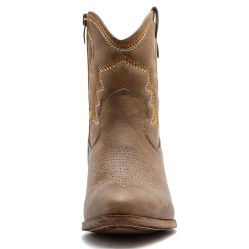 Image of GLOBALWIN Women's Cowgirl Boots Ankle Brown Cowboy Boots With Embroidered Stitching Low Heel Comfortable Western Boots For Country Outfits