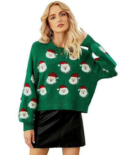 Yimoon Ugly Christmas Sweater for Women Xmas Holiday Party Funny Santa Sweater Cute Cropped Knitted Pullover Tops(Green-L)