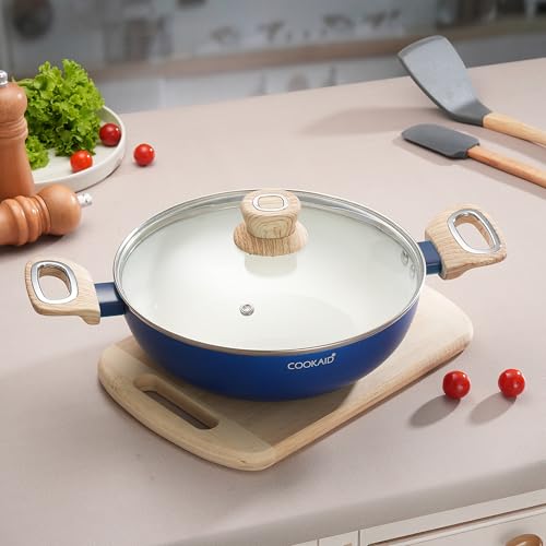 Image of Kadhai with Glass Lid 24cm 2.5 LTR | Velora Non Stick Ceramic Coating | ISI Certified | Induction Stovetop Compatible | Kitchen Cookware Kadai for Cooking | Aluminium Body | Kadhai with Lid |
